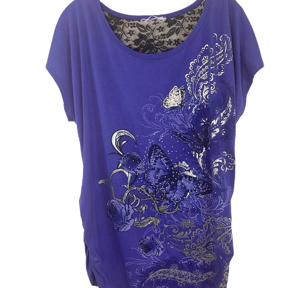 Purple Metallic Butterfly Graphic Top w/ Beaded Detail & Lace Back Women’s Large - Picture 8 of 9